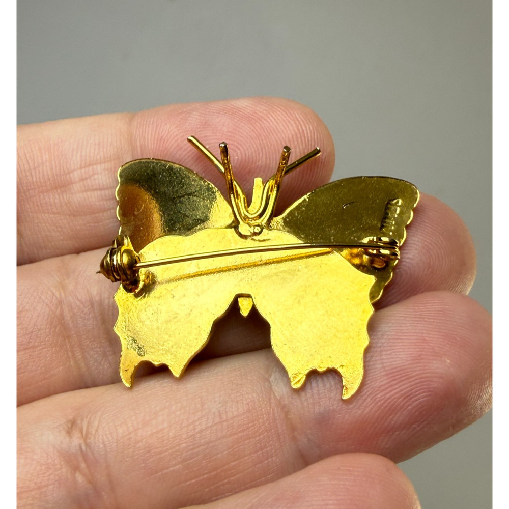 Vintage Gold Tone Orange Tail Damascene Butterfly Brooch Pin Marked Spain Enamel - Picture 2 of 4